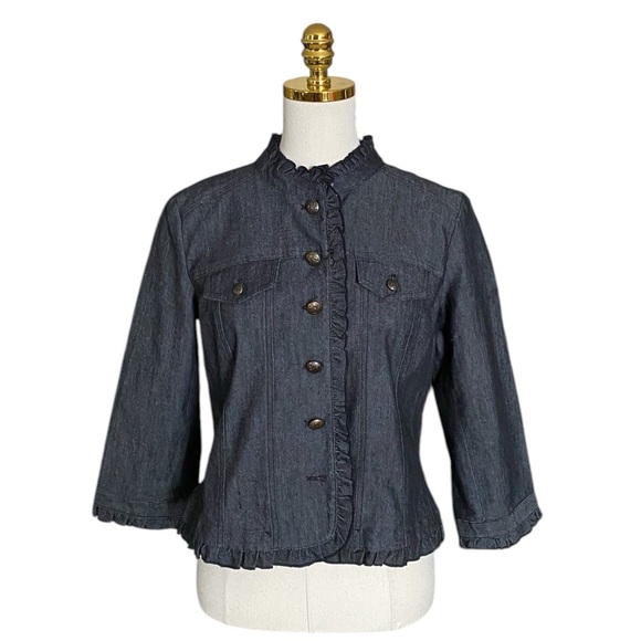 SANDRO | Women’s Ruffle Trim Black Denim Button Down Jacket Size PM - Picture 1 of 6